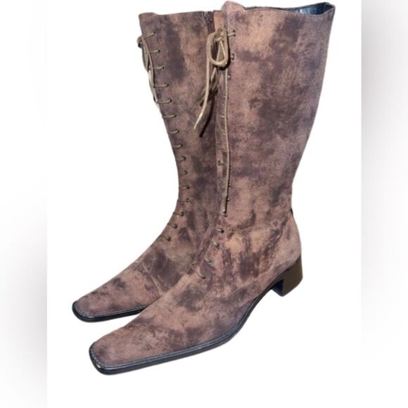 Flavio Zanasca Brown Suede Leather Lace Up Heeled Italian Designer Boots 8.5 - Picture 7 of 11